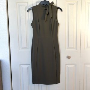 Calvin Klein Sleeveless Tie Mock Neck Scuba Crepe Pencil Dress in Olive